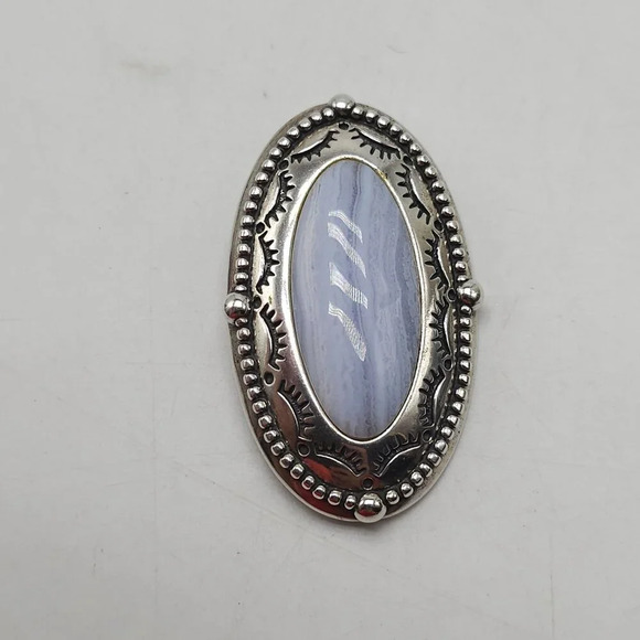 Vintage CAROLYN POLLACK RELIOS Sterling Silver Blue Lace Agate Brooch Pin - Picture 2 of 6